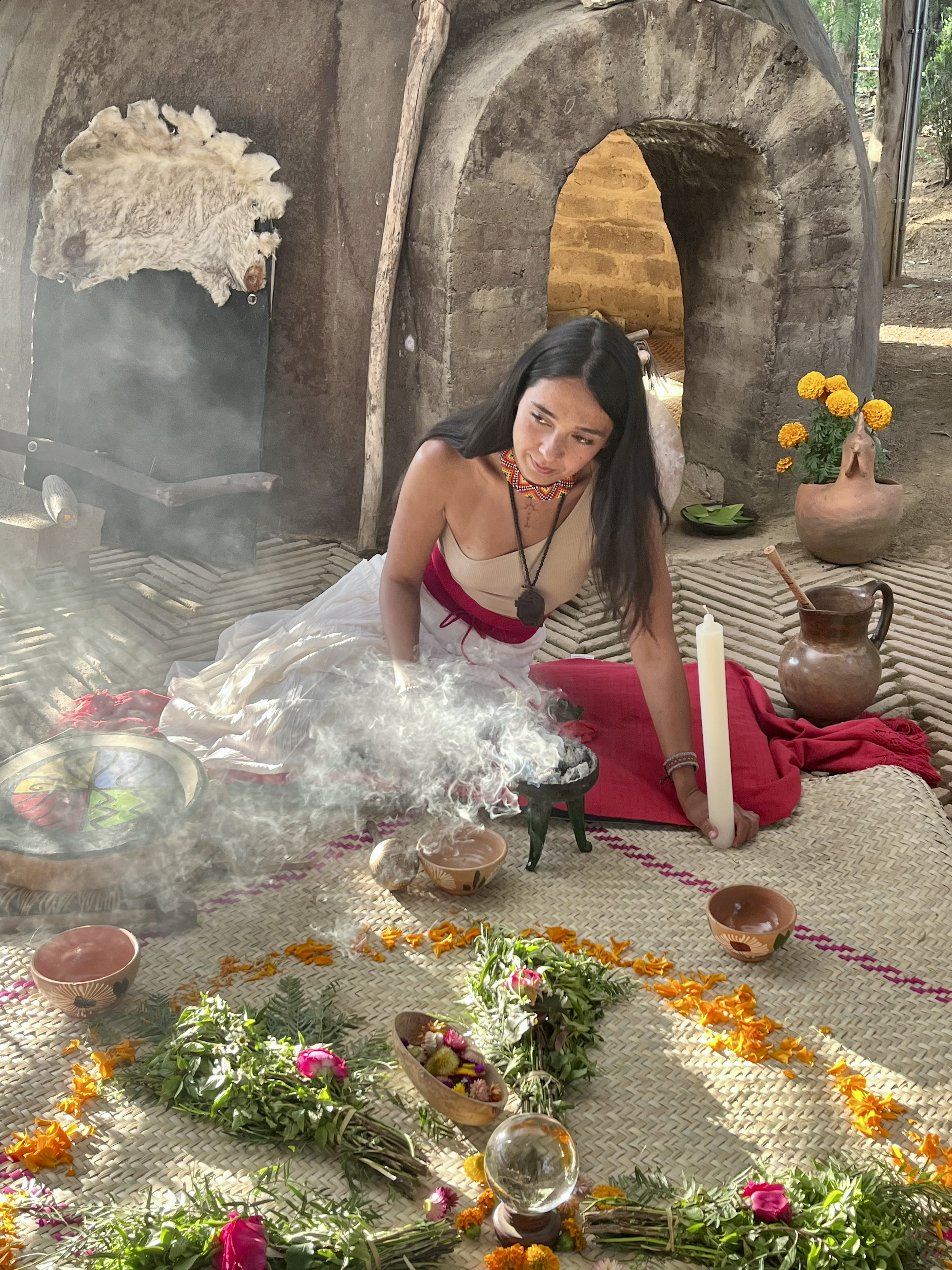 Esra gathering energy for the Temazcal ceremony (Indigenous steam bath) at Rancho Media Luna