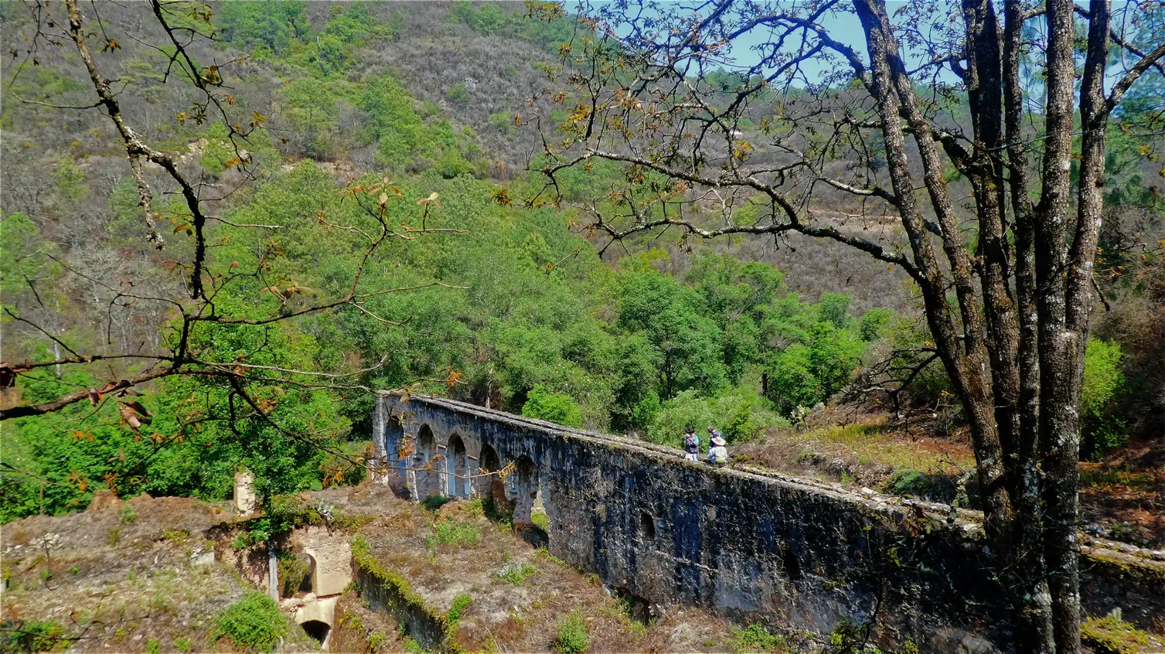 Historic aqueduct of the ruins of the gold processing ex-hacienda Cinco Señores in the Pueblos Mancomunados